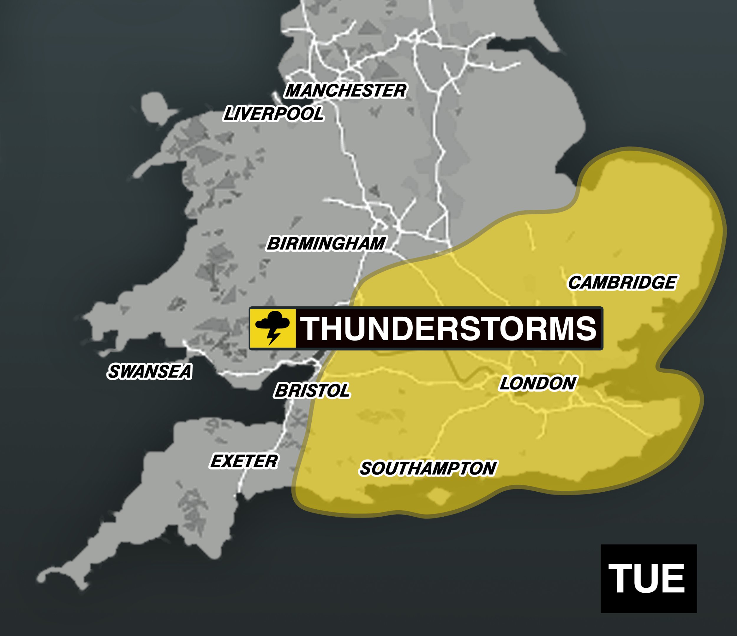 Met office weather warning graphic showing where a yellow weather warning for thunderstorms is in place in the UK